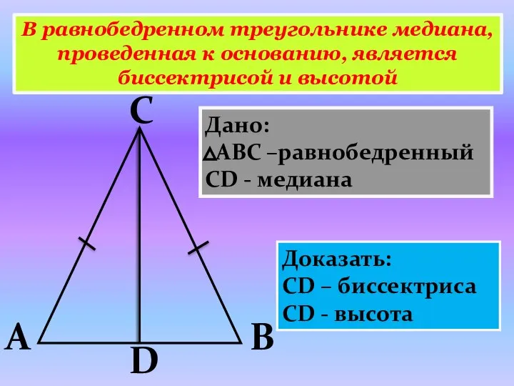 В равнобедренном треугольнике медиана, проведенная к основанию, является биссектрисой и высотой А