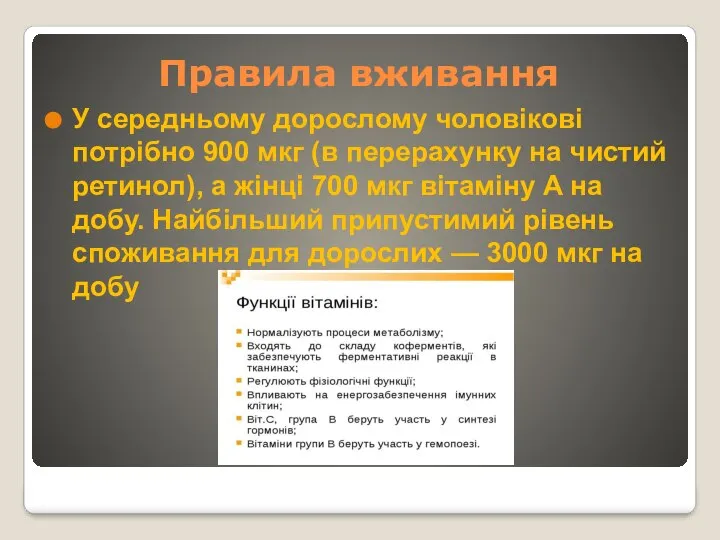 Правила вживання У середньому дорослому чоловікові потрібно 900 мкг (в перерахунку на