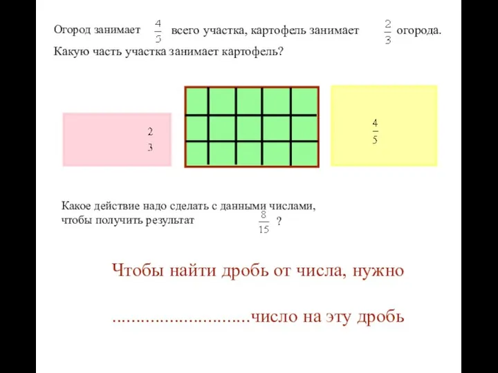 Чтобы найти дробь от числа, нужно .............................число на эту дробь Огород занимает