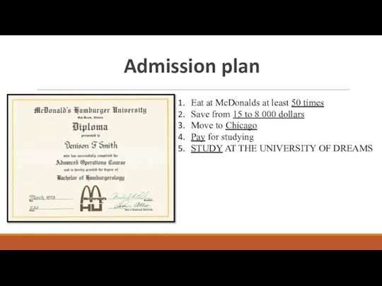 Admission plan Eat at McDonalds at least 50 times Save from 15