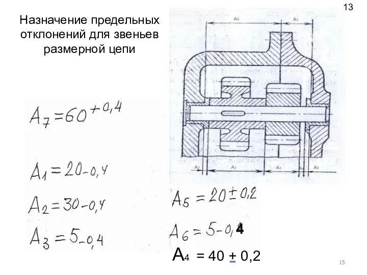 Назначение предельных отклонений для звеньев размерной цепи 13 4 А4 = 40 + 0,2