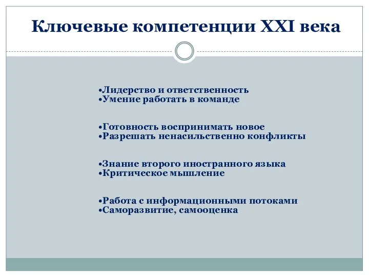 Ключевые компетенции XXI века Лидерство и ответственность Умение работать в команде Готовность