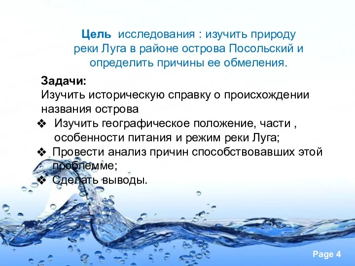 Цель исследования : изучить природу реки Луга в районе острова Посольский и