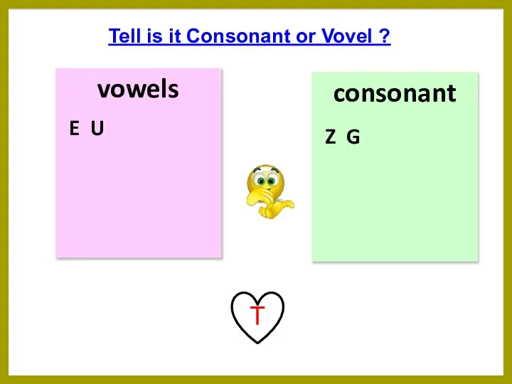 consonant T vowels Tell is it Consonant or Vovel ? E U Z G