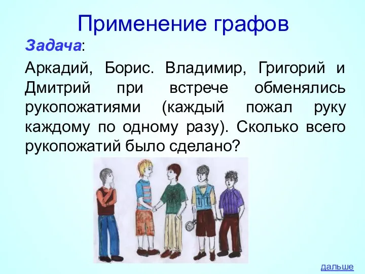 Применение графов Задача: Аркадий, Борис. Владимир, Григорий и Дмитрий при встрече обменялись