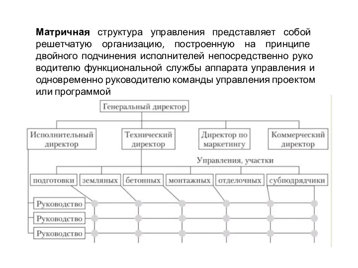 Матричная структура управления пред­ставляет собой решетчатую организацию, построенную на прин­ципе двойного подчинения