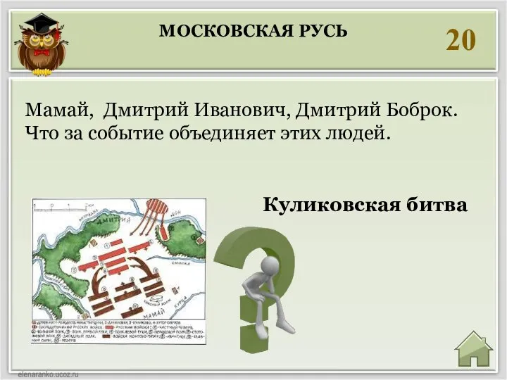 20 Куликовская битва Мамай, Дмитрий Иванович, Дмитрий Боброк. Что за событие объединяет этих людей. МОСКОВСКАЯ РУСЬ