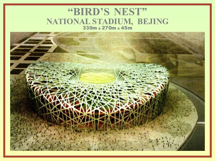 “BIRD’S NEST” NATIONAL STADIUM, BEJING 330m x 270m x 45m