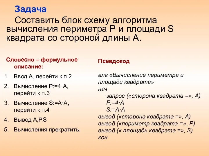 Задача Составить блок схему алгоритма вычисления периметра Р и площади S квадрата