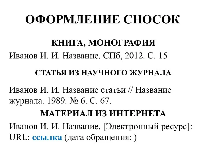 ОФОРМЛЕНИЕ СНОСОК КНИГА, МОНОГРАФИЯ Иванов И. И. Название. СПб, 2012. С. 15