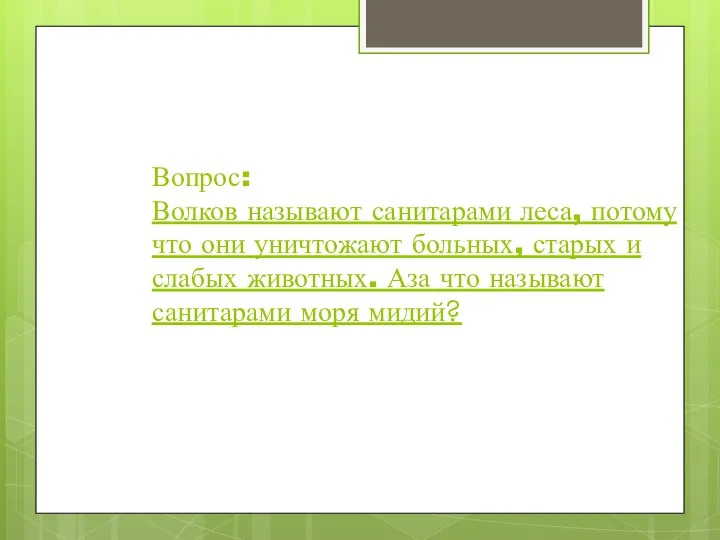 Вопрос: Волков называют санитарами леса, потому что они уничтожают больных, старых и