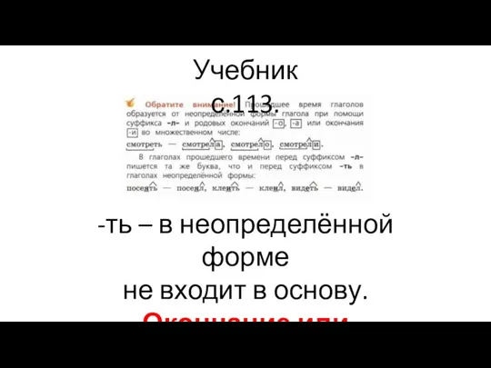 Учебник с.113. -ть – в неопределённой форме не входит в основу. Окончание или суффикс???