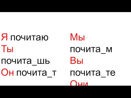 Я почитаю Ты почита_шь Он почита_т Мы почита_м Вы почита_те Они почита_т