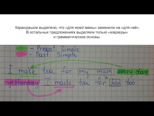 Карандашом выделено, что «для моей мамы» заменили на «для неё». В остальных