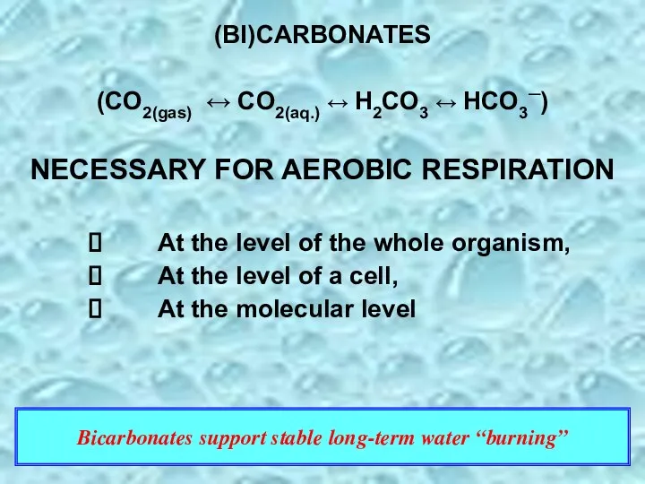 (BI)CARBONATES (CO2(gas) ↔ CO2(aq.) ↔ H2CO3 ↔ HCO3─) NECESSARY FOR AEROBIC RESPIRATION