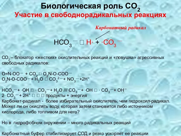 СО2 – блокатор «жестких» окислительных реакций и «ловушка» агрессивных свободных радикалов: O=N-OO⎯