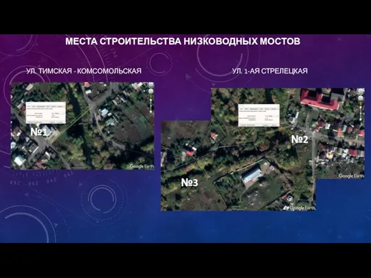 МЕСТА СТРОИТЕЛЬСТВА НИЗКОВОДНЫХ МОСТОВ УЛ. ТИМСКАЯ - КОМСОМОЛЬСКАЯ УЛ. 1-АЯ СТРЕЛЕЦКАЯ №1