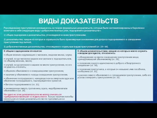 ВИДЫ ДОКАЗАТЕЛЬСТВ Расследование преступления основывалось на теории формальных доказательств, которые были систематизированы