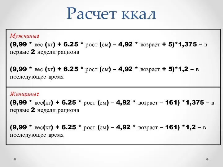 Расчет ккал Мужчины: (9,99 * вес (кг) + 6.25 * рост (см)