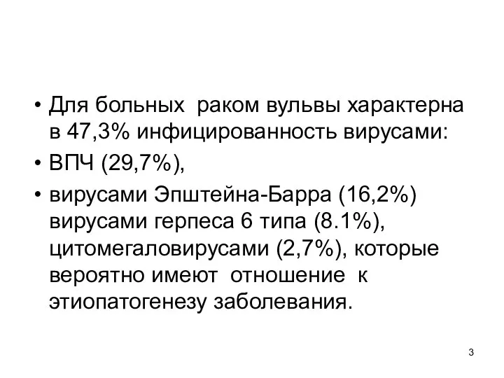 Для больных раком вульвы характерна в 47,3% инфицированность вирусами: ВПЧ (29,7%), вирусами