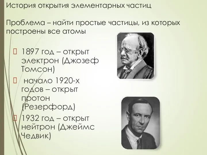 История открытия элементарных частиц Проблема – найти простые частицы, из которых построены