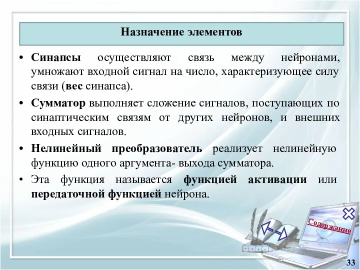 Содержание 33 Назначение элементов Синапсы осуществляют связь между нейронами, умножают входной сигнал