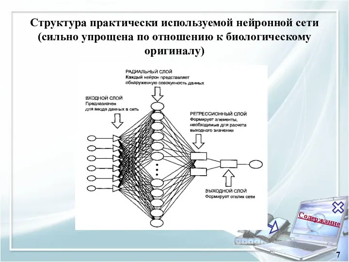 Содержание 7 Структура практически используемой нейронной сети (сильно упрощена по отношению к биологическому оригиналу)