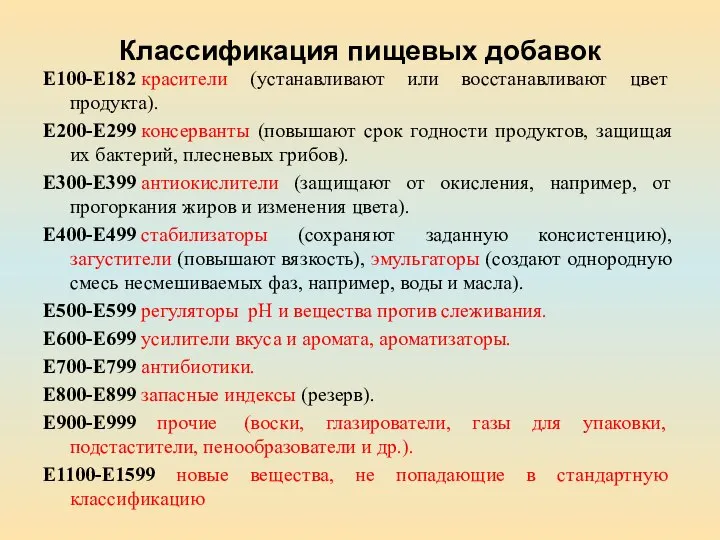 Классификация пищевых добавок Е100-Е182 красители (устанавливают или восстанавливают цвет продукта). Е200-Е299 консерванты