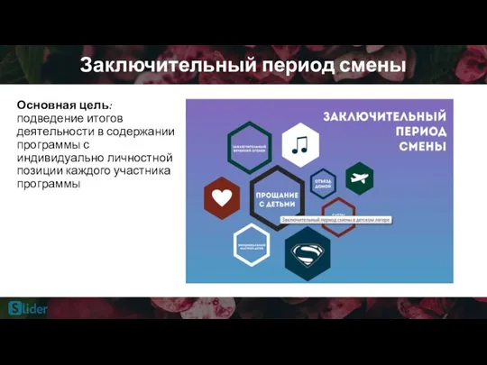 Заключительный период смены Основная цель: подведение итогов деятельности в содержании программы с