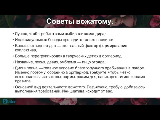 Советы вожатому: Лучше, чтобы ребята сами выбирали командира; Индивидуальные беседы проводите только