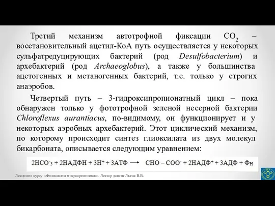 Третий механизм автотрофной фиксации СО2 – восстановительный ацетил-КоА путь осуществляется у некоторых