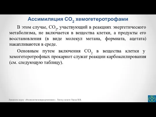 Ассимиляция СО2 хемогетеротрофами В этом случае, СО2, участвующий в реакциях энергетического метаболизма,