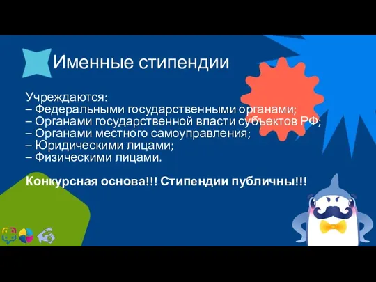 Именные стипендии Учреждаются: – Федеральными государственными органами; – Органами государственной власти субъектов