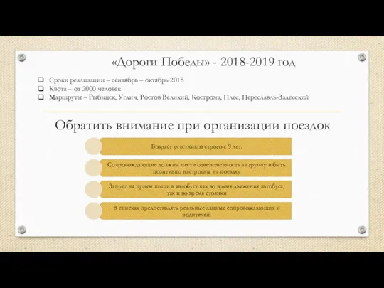 Обратить внимание при организации поездок «Дороги Победы» - 2018-2019 год Сроки реализации