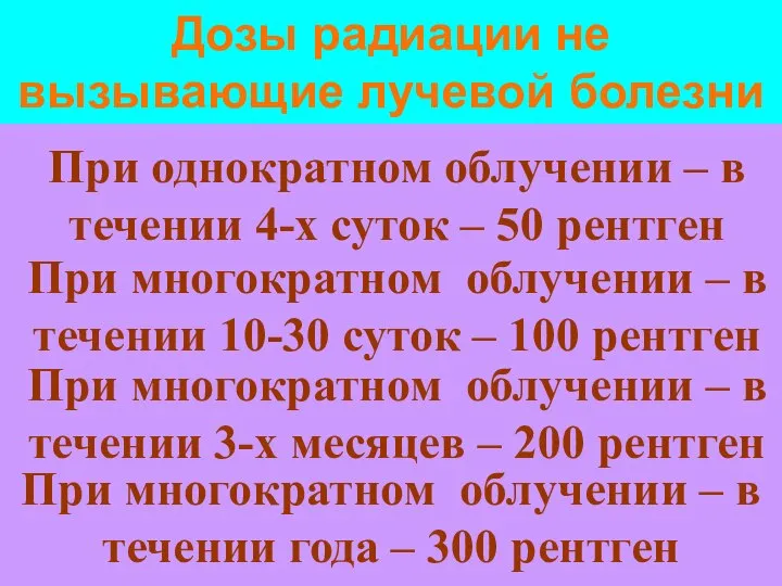 Дозы радиации не вызывающие лучевой болезни При однократном облучении – в течении