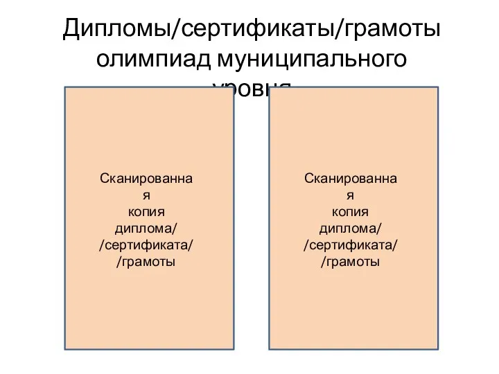 Дипломы/сертификаты/грамоты олимпиад муниципального уровня Сканированная копия диплома/ /сертификата/ /грамоты Сканированная копия диплома/ /сертификата/ /грамоты