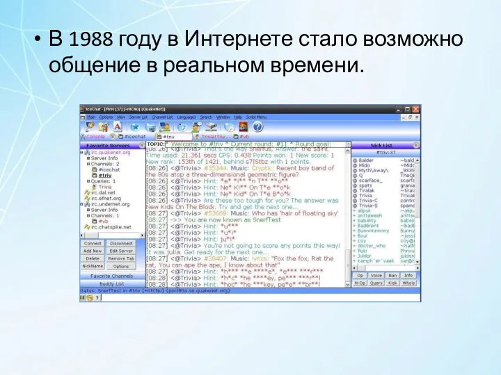 В 1988 году в Интернете стало возможно общение в реальном времени.