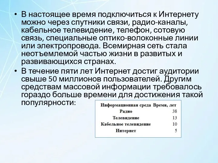 В настоящее время подключиться к Интернету можно через спутники связи, радио-каналы, кабельное