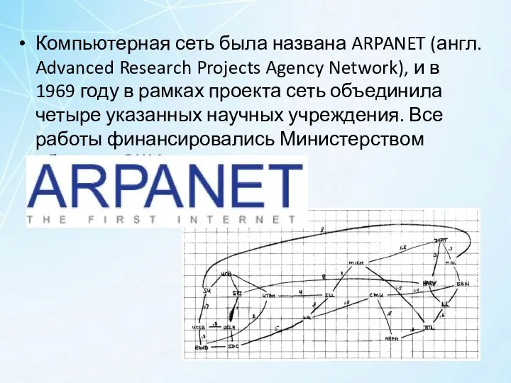 Компьютерная сеть была названа ARPANET (англ. Advanced Research Projects Agency Network), и