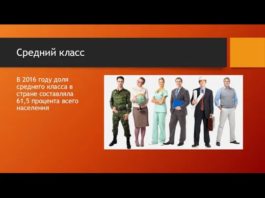 Средний класс В 2016 году доля среднего класса в стране составляла 61,5 процента всего населения