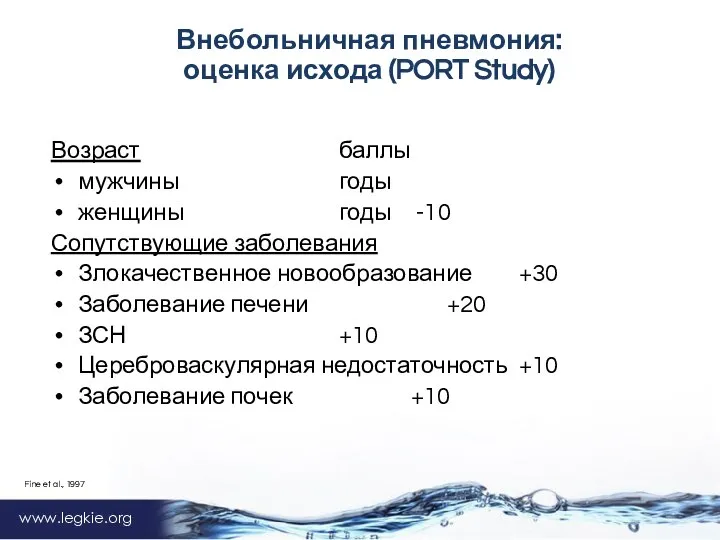 www.legkie.org Внебольничная пневмония: оценка исхода (PORT Study) Возраст баллы мужчины годы женщины