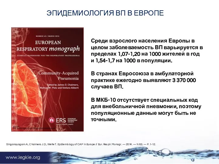 www.legkie.org ЭПИДЕМИОЛОГИЯ ВП В ЕВРОПЕ Singanayagam A., Chalmers J.D., Welte T. Epidemiology