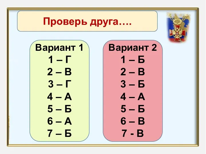 Название презентации Автор: Проверь друга…. Вариант 1 1 – Г 2 –