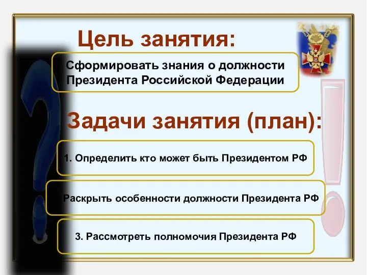 Название презентации Автор: Цель занятия: Сформировать знания о должности Президента Российской Федерации