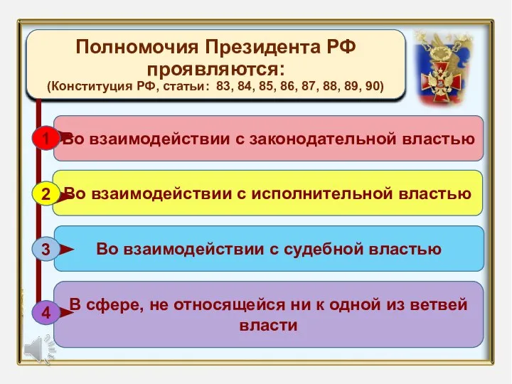 Название презентации Автор: Полномочия Президента РФ проявляются: (Конституция РФ, статьи: 83, 84,