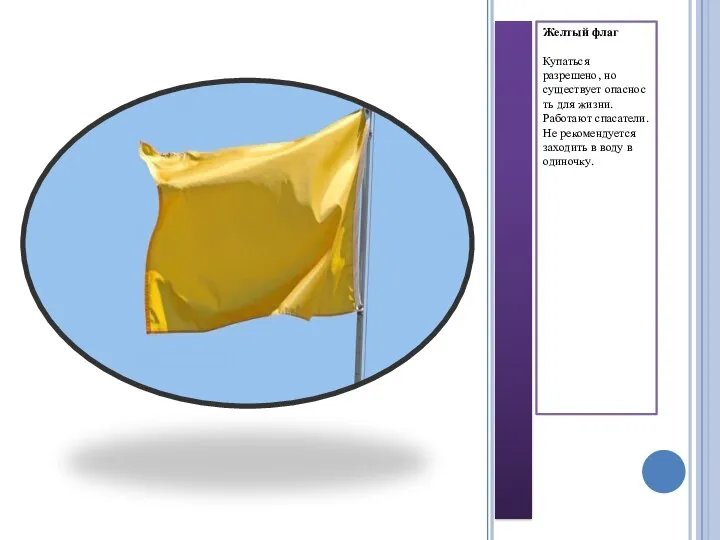 Желтый флаг Купаться разрешено, но существует опасность для жизни. Работают спасатели. Не