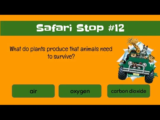 air oxygen carbon dioxide Safari Stop #12 What do plants produce that animals need to survive?