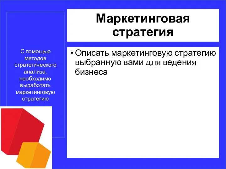 Маркетинговая стратегия Описать маркетинговую стратегию выбранную вами для ведения бизнеса С помощью