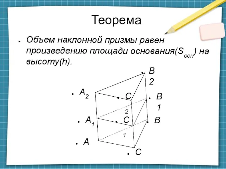 Теорема А Объем наклонной призмы равен произведению площади основания(Sосн) на высоту(h). C