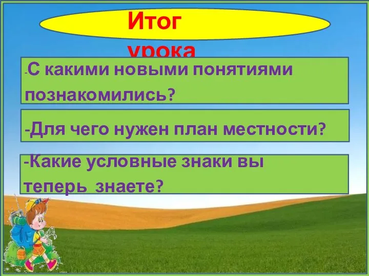 Итог урока -С какими новыми понятиями познакомились? -Для чего нужен план местности?